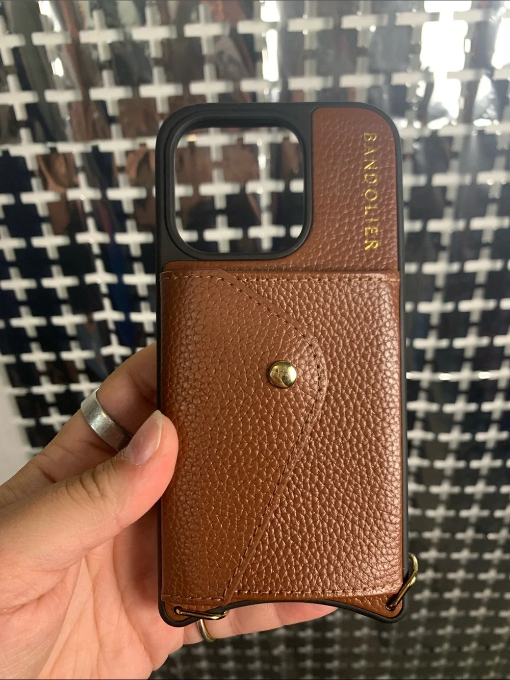 Bandolier Brown Leather Cardholder iPhone 15 Pro Case with Gold Accent